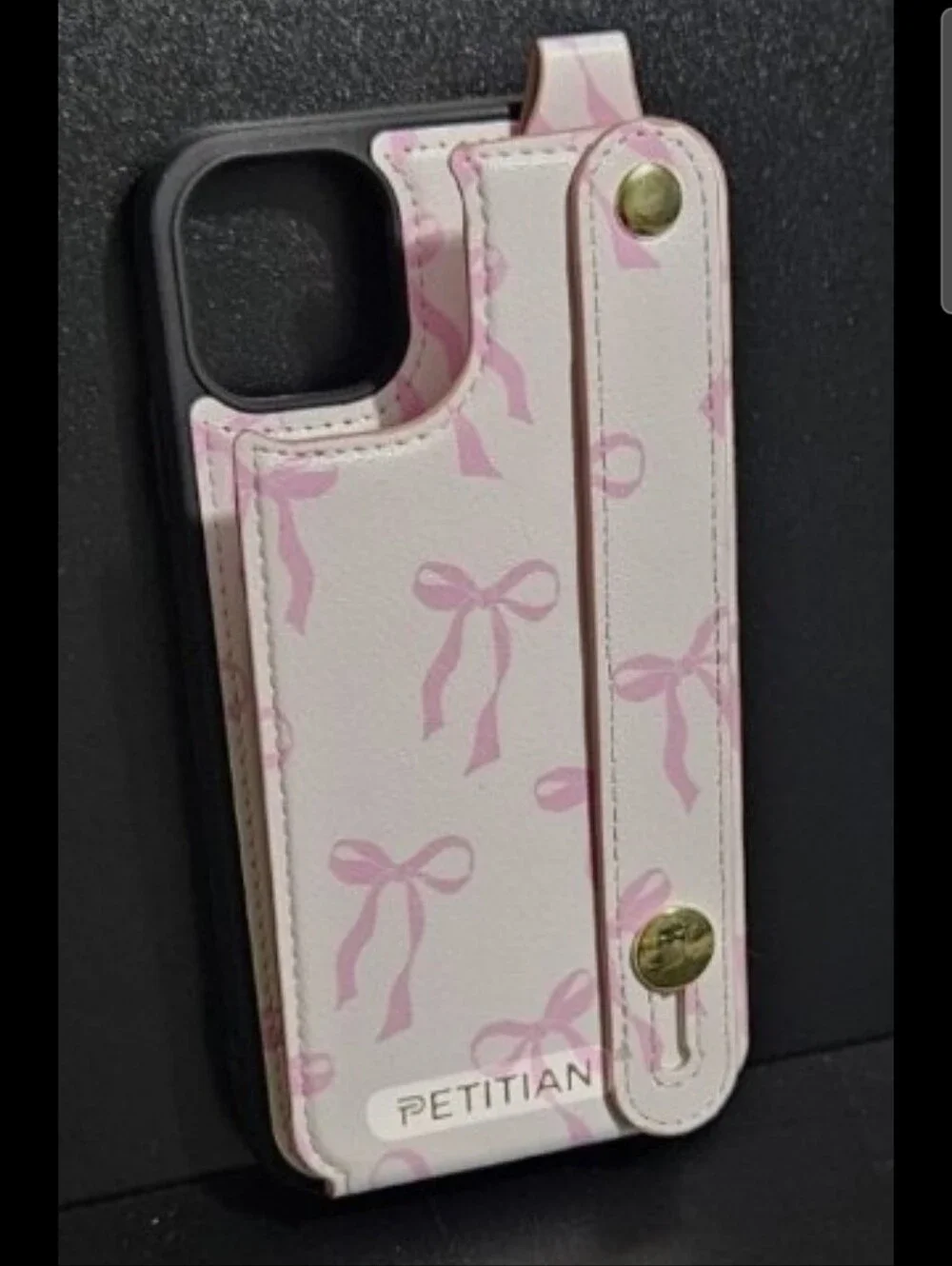 Wallet Card Holder Phone Case for iPhone 13/14, Pink Bow Design Wristband Stand